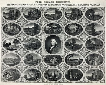 A nineteenth-century print based on Poor Richard's Almanack, showing the author surrounded by twenty-four illustrations of many of his best-known sayings.