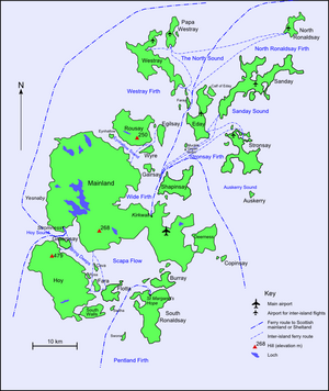 A map of the Orkney archipelago showing main water transport routes. A small island with a high elevation is at south west. At centre is the largest island, which also has low hills. Ferry routes spread out from there to the smaller islands in the north.