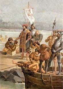 Arrival of the Portuguese to Northeast Brazil in 1500. Oscar Pereira da Silva - Desembarque de Pedro Alvares Cabral em Porto Seguro em 1500 (detalhe).jpg