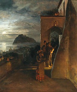 Evening Serenade on Ischia, Castello Aragonese in the background label QS:Len,"Evening Serenade on Ischia, Castello Aragonese in the background" 1886