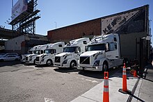 A fleet of Otto autonomous Volvo VNL tractor units equipped with various sensors Otto trucks in San Francisco.jpg