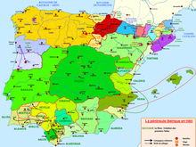 Iberian Peninsula around 1065, with the County of Portugal show in lavender blue Peninsule iberique en 1065.png