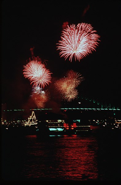 Fireworks over Sydney Harbour marking the end of Australia Day 1988, which included a re-enactment of the First Fleet sailing into the harbour. Prepar