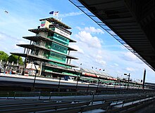 The Pagoda, the control tower which houses officials, broadcasting, and hospitality suites, is an icon at the Indianapolis Motor Speedway. Pagoda (47966303762).jpg