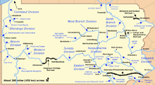 The far flung system of canals of Pennsylvania shown after the additional extensions adopted in 1837 were all completed; passage of the original Main Line of Public Works legislative package was in 1826 following the success of the Schuylkill Canal. Pennsylvania canals.png