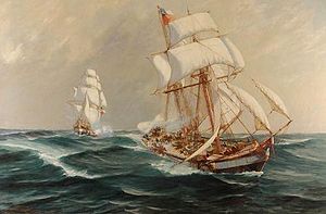 The Peruviana sails under Chilean flag after her capture in Callao by the Aquiles. Oilpainting of Álvaro Casanova Zenteno.