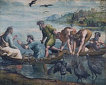 Jesus and the miraculous catch of fish, in the Sea of Galilee, by Raphael