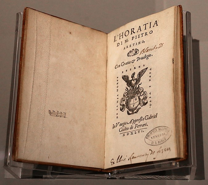 File:Pietro aretino, l'horatia, per gabriel giolito de ferrari, venezia 1546 (bibl. marciana) 01.jpg