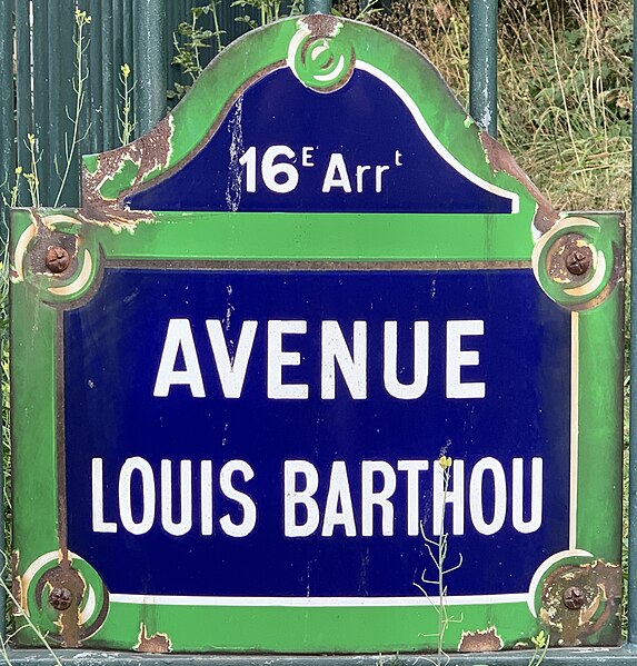 File:Plaque Avenue Louis Barthou - Paris XVI (FR75) - 2021-08-11 - 1.jpg