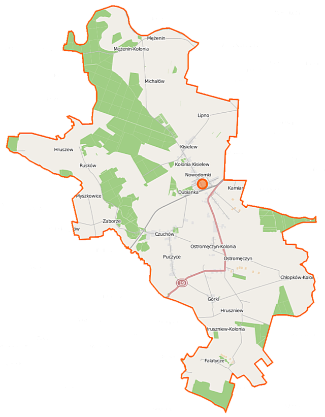 Mapa konturowa gminy Platerów, po prawej nieco na dole znajduje się punkt z opisem „Kościół Narodzenia Najświętszej Maryi Panny w Chłopkowie”
