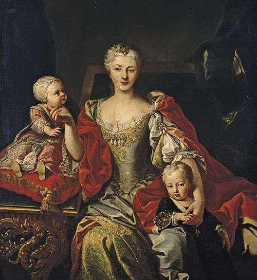 Queen Polyxena with two of her children: Princess Eleonora (left) and Victor Amadeus (right).