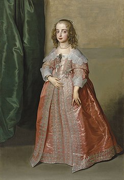 Retrato de Maria com vestido rosa decorado com bordados de prata e fitas, por Antoon van Dyck em 1641.