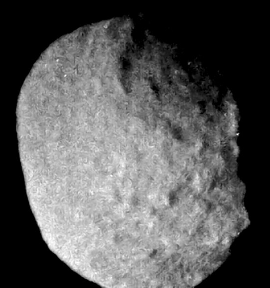 Voyager 2 image of Proteus, digitally processed showing surface features