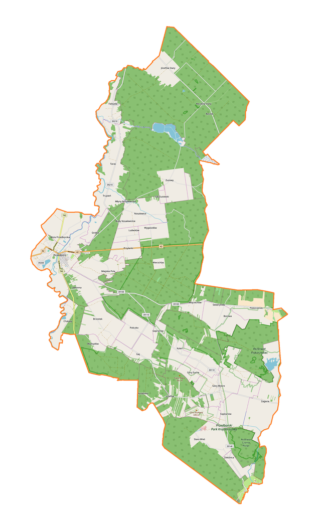 Mapa konturowa gminy Przedbórz, po lewej znajduje się punkt z opisem „Przedbórz”