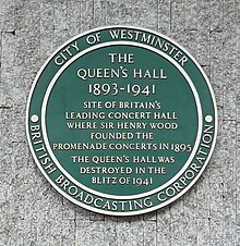 The Queen's Hall green plaque Queen's Hall green plaque London.JPG