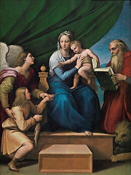 Raffaello Sanzio - Sainte Famille avec Rafael, Tobias et San Girolamo, ou Vierge du fish.jpg