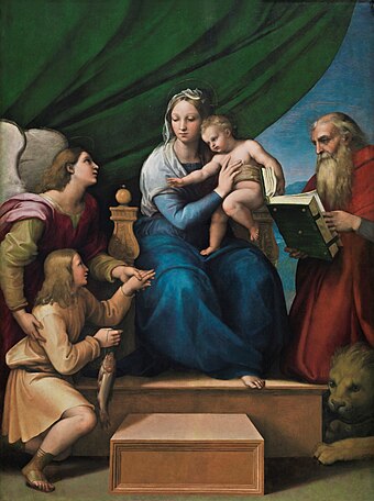 Raffaello Sanzio - Sacra Famiglia con Rafael, Tobia e San Girolamo, o Vergine del pesce.jpg