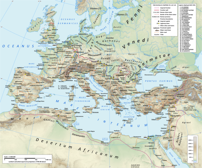 Rooman valtakunta Hadrianuksen (vallassa 117-138) esittää roomalaisten teiden verkoston.