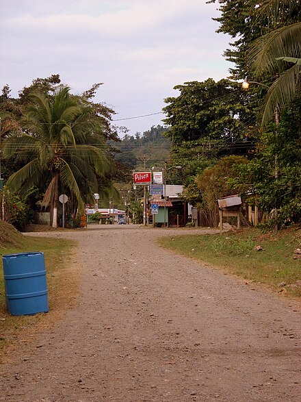 View down a dirt road of Cahuita