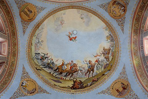 Saint Ulrich from Augsburg in the battle (first fresco from the entrance over the choir)