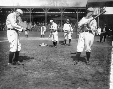 Sam Crawford and Ty Cobb clown around with a camera, c. 1908