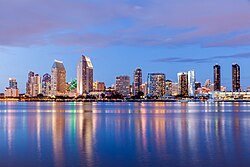 San Diego skyline at dusk from Coronado 2015.jpg