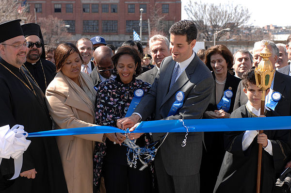 Dixon (front, third from left) cuts the parade ribbon at the 2007 Baltimore Greek Independence Day Parade with Congressman John Sarbanes.