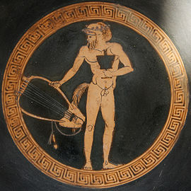 Silenus holding a kantharos and a lyre. Tondo of an Attic red-figure kylix from Vulci, Etruria, c. 475–425 BC