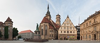 Schillerplatz with the Old Castle, the Schiller memorial, the Collegiate Church, Fruchtkasten and the Prinzenbau Schillerplatz und Stiftskirche Stuttgart 2013 Panorama.jpg