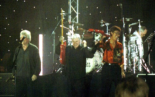 The Shadows performing in Denmark, featuring long-time members from left Bruce Welch (far left), Mark Griffiths and Hank Marvin; Brian Bennett feature
