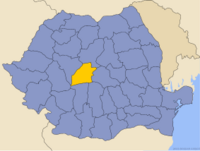 Carta administrativa de Romania amb lo comtat de Sibiu mes en evidéncia