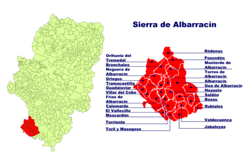 Location of the Sierra de Albarracín in Aragon and location of the individual municipalities