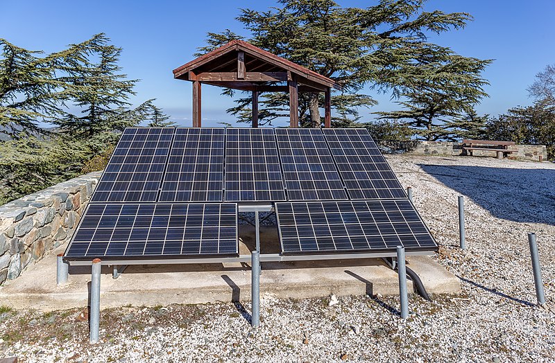 File:Solar panels and a tourist shelter on the top of Mt Tripylos, Troodos Mountains, Cyprus.jpg