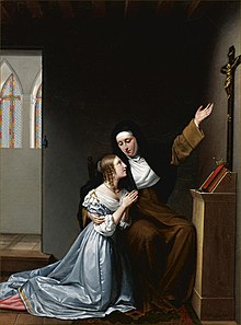 Early 19 century painting by Sophie Lemire of a fictional scene in which La Valliere 'instruct[s] her daughter in piety'. Sophie Lemire - Madame de la Valliere giving instruction in piety to her daughter Mlle de Blois.jpg