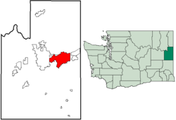 右: ワシントン州におけるスポケーン郡の位置 左: スポケーン郡におけるスポケーンバレーの市域の位置図