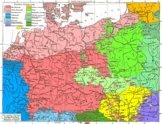 Німецька мовна мапа 1880 року. Українці, що проживають в межах Австро-Угорської імперії позначені як рутени або малоруси світло-зеленим кольором