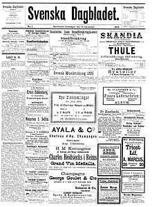 Front page of the first issue of Svenska Dagbladet

(18 December 1884) Svenska Dagbladet first issue.jpg