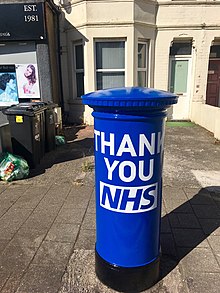 A 'Thank You NHS' blue postbox in Cardiff Thank You NHS blue post box, Whitchurch Road, May 2020 02.jpg