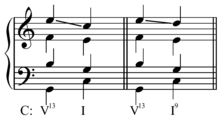 Voice leading for dominant thirteenth chords in the common practice period. Play (help*info) Thirteenth chord voice leading.png