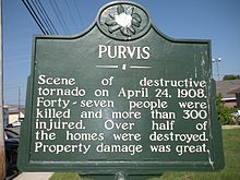 Marker placed by the State to remember the Tornado of 1908, located in front of the Purvis Public Library. TornadoMarker.jpg
