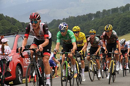 Tour de France cyclists racing.