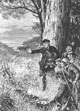 Long John Silver découvre le squelette d'Allardyce. Illustration de George Roux pour l'édition de 1885 de L'Île au trésor