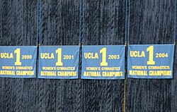 Banners noting UCLA's NCAA national championships. UCLA Gymnastics Banners.jpg