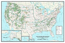 A map of the United States showing the locations of the National Forests and National Grasslands