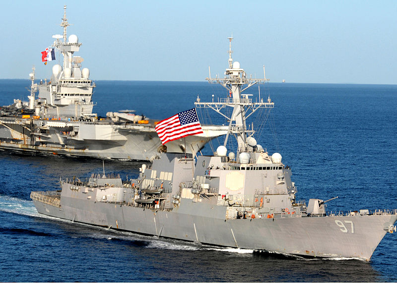 File:US Navy 101210-N-8824M-268 USS Halsey (DDG 97) assigned to Abraham Lincoln Carrier Strike Group, sails in a formation with the French aircraft carr.jpg