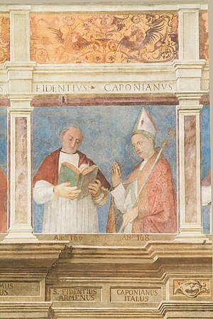 Fidentius (left) beside Bishop Caponianus in a mural by Bartolomeo Montagna in the episcopal palace in Padua (1505-06) Vescovi Padova - Fidenzio e Caponiano - Palazzo vescovile - Padova.jpg