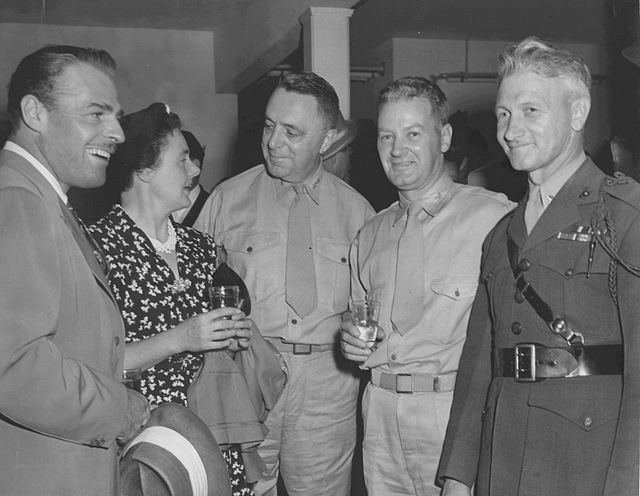 Brian Donlevy, Mrs. Hermle, Major General John Marston, Colonel Leo D. Hermle, and Major Raymond W. Hanson at the film premiere