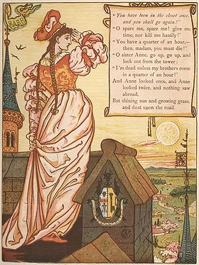 Søster Anne holder øje med ankomsten af ​​sine brødre.Illustration af Walter Crane.