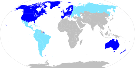 The Western world derived on Samuel P. Huntington's 1996 Clash of Civilizations.[1] In turquoise are Latin America and the Orthodox World, which are either a part of the West or distinct civilizations intimately related to the West.[2][3]