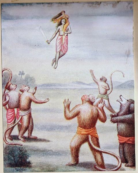 File:When Ravana carried Sita first on his shoulders and then in the chariot, she threw some of her jewels towards the monkeys.jpg